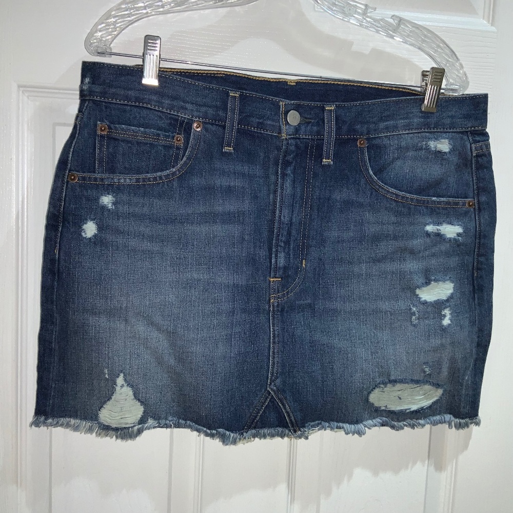 Frye denim mini skirt waist Sz 30 distressed raw hem
